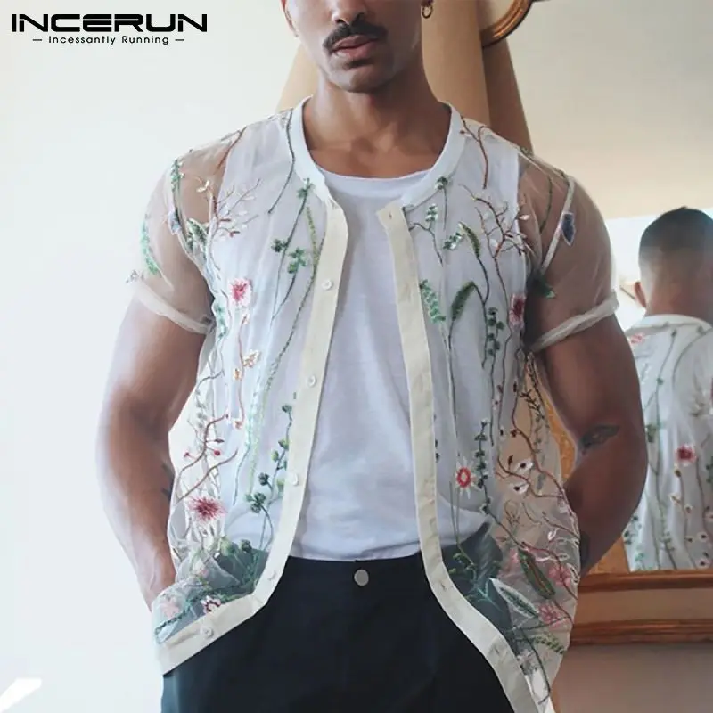 

INCERUN Fashion Men Mesh Shirts 2021 Embroidered Short Sleeve Button Sexy See Through Breathable Tops Party Nightclub Shirts
