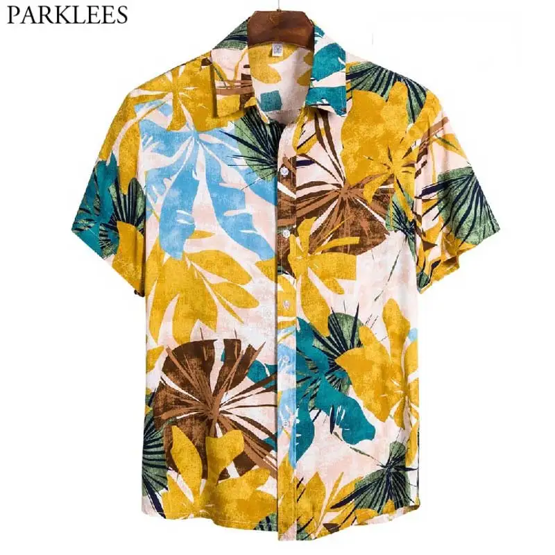 

Yellow Hawaiian Beach Shit Men Short Sleeve Fashion Leaves Print Tropical Aloha Holiday Shirt Casual Button Down Top Blouses 3XL