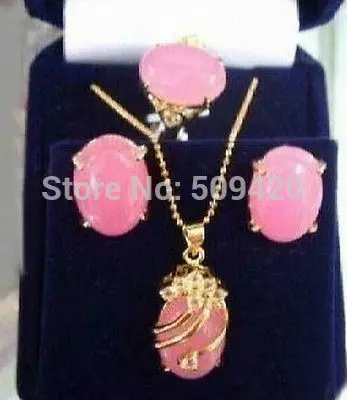 Бесплатная Доставка Опт&gt JJ6545 розовый нефрит кулон ожерелье кольцо серьги набор |