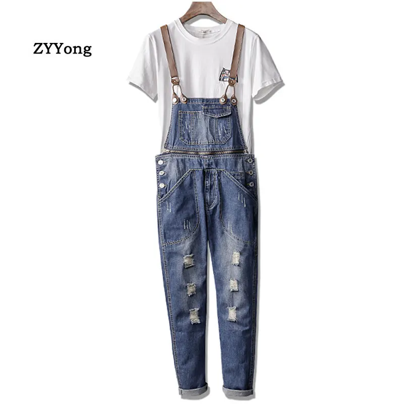 Ripped Overalls Men Jeans Bib Removable Waist Streetwear Hip Hop Hole Denim Jumpsuits Trousers Leisure Tattered Freight Pants