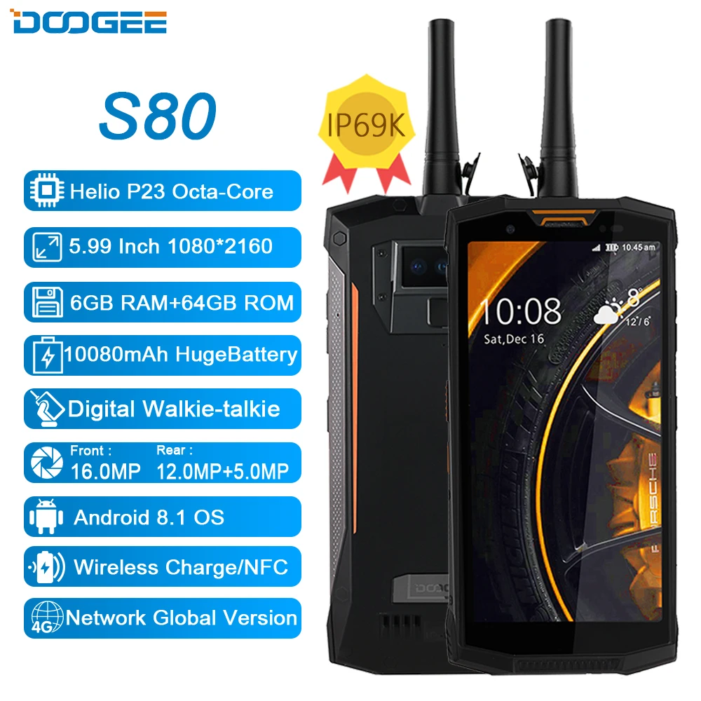 Рация DOOGEE S80 IP68/IP69K Беспроводная зарядка NFC 10080 мАч 12 В 2 А 5 99 дюйма FHD Восьмиядерный