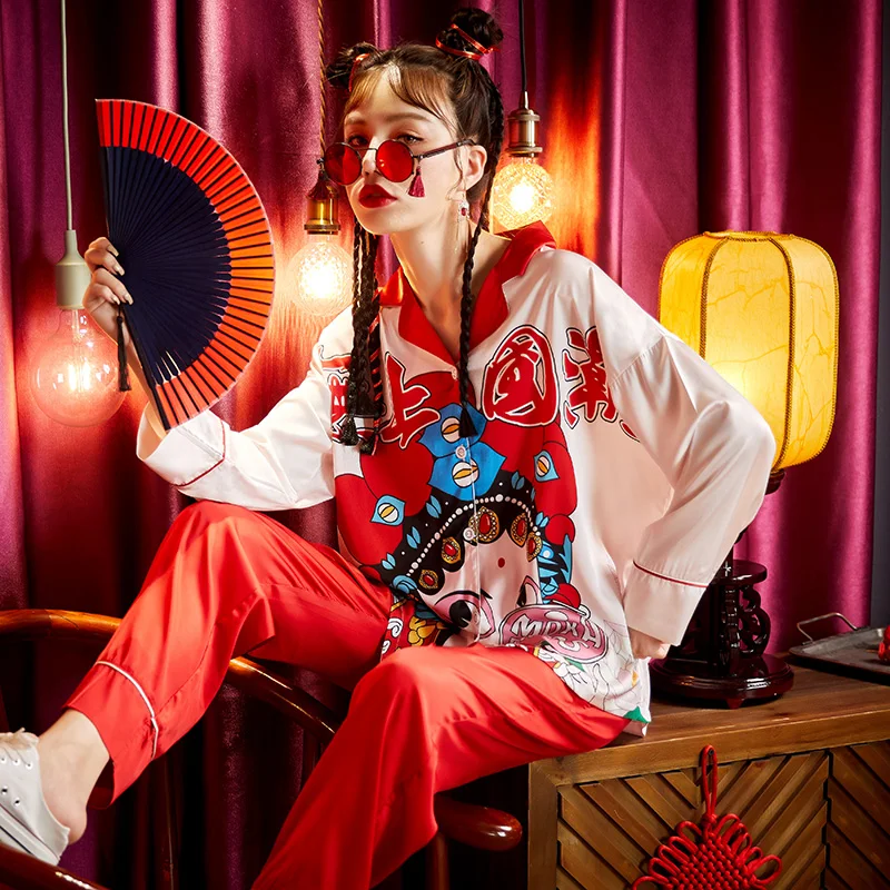 Women Sleepwear Chinoiserie  Summer Pajamas The Tide High Quality Snow and Ice Silk Plus Size Pajama Set Princess Style Spring