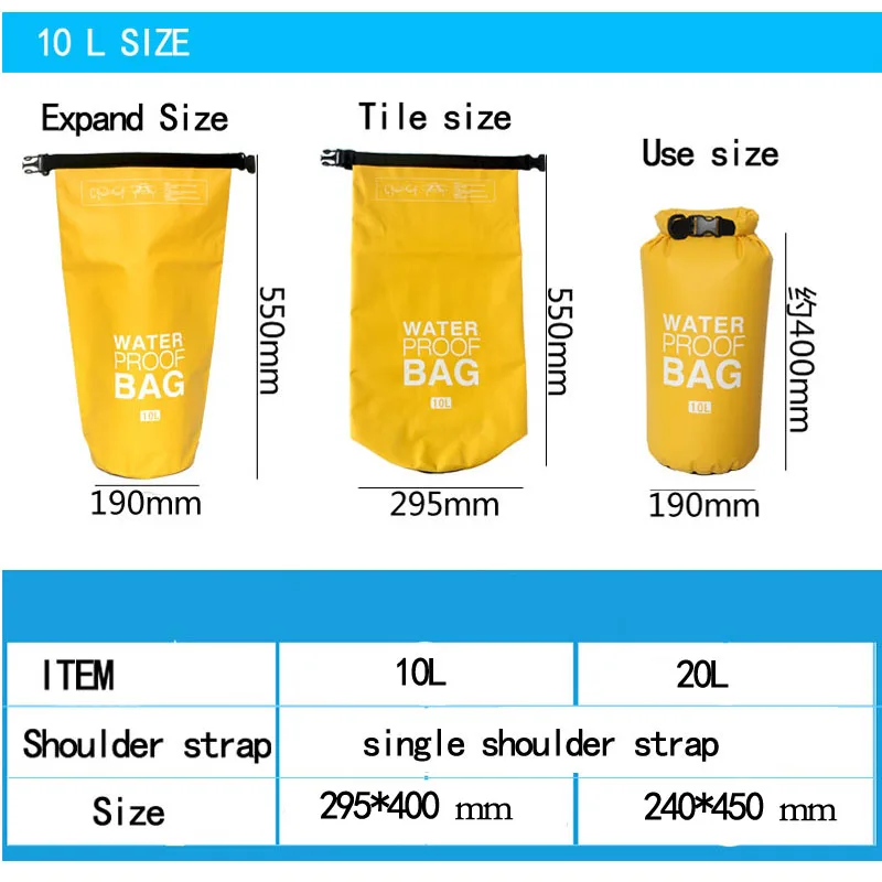 

10L 20L Outdoor PVC Waterproof Bag Dry Bag Beach Swimming Rafting Sport Kayaking Canoeing Bag Travel Camping Sack Storage Bags