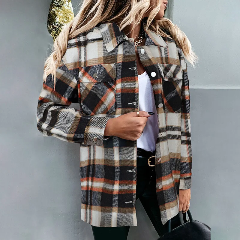 

Plaid Shirt Women's Autumn and Winter European American New Printed Breasted Pocket Casual Loose Type Long Sleeve