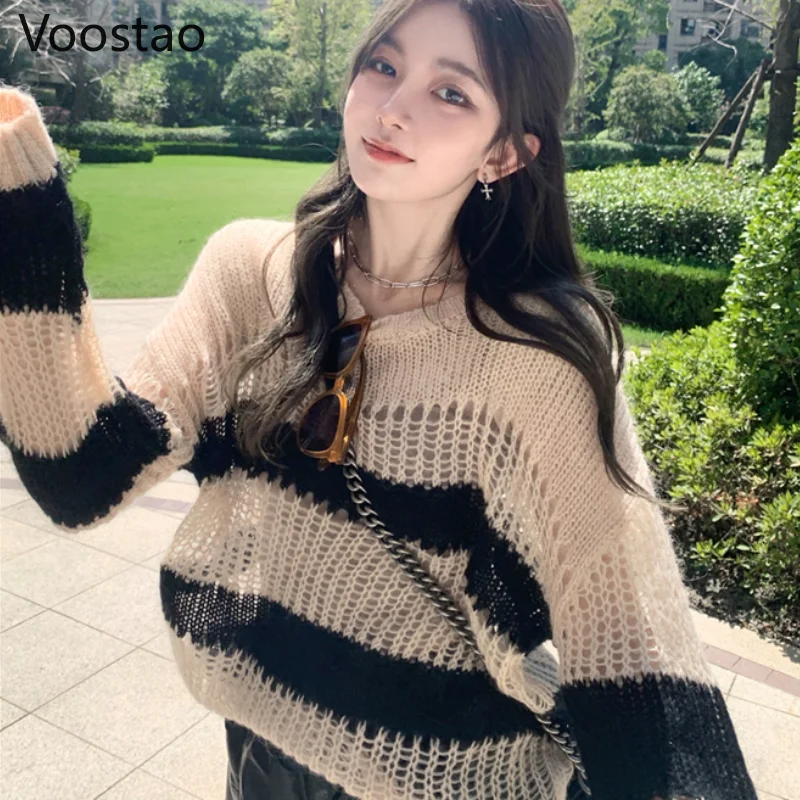 

Женский трикотажный свитер в полоску, с длинным рукавом