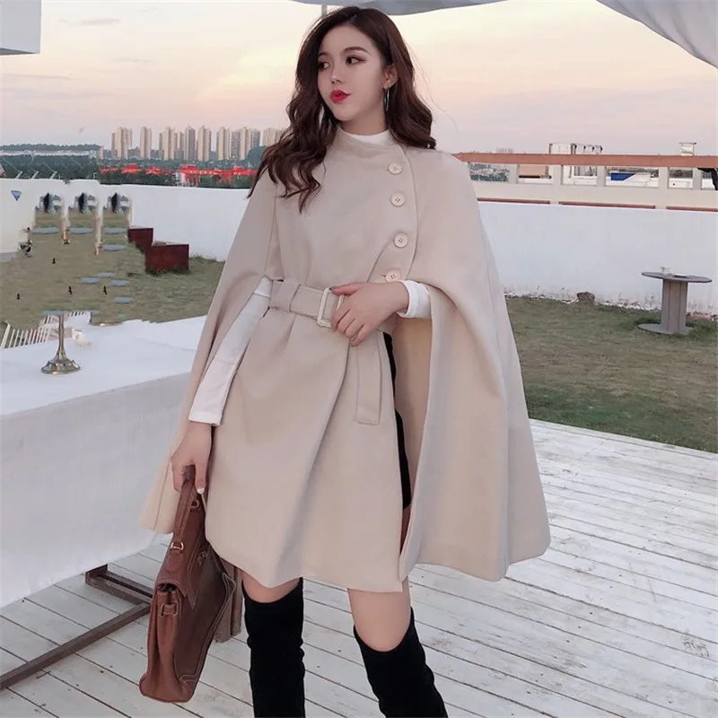 

2021 Autumn High Quality Woolen Cloth Shawl Cape Poncho With Belt Women Mid-length Korean Sleeveless Plus Size Ladies Cape Coats