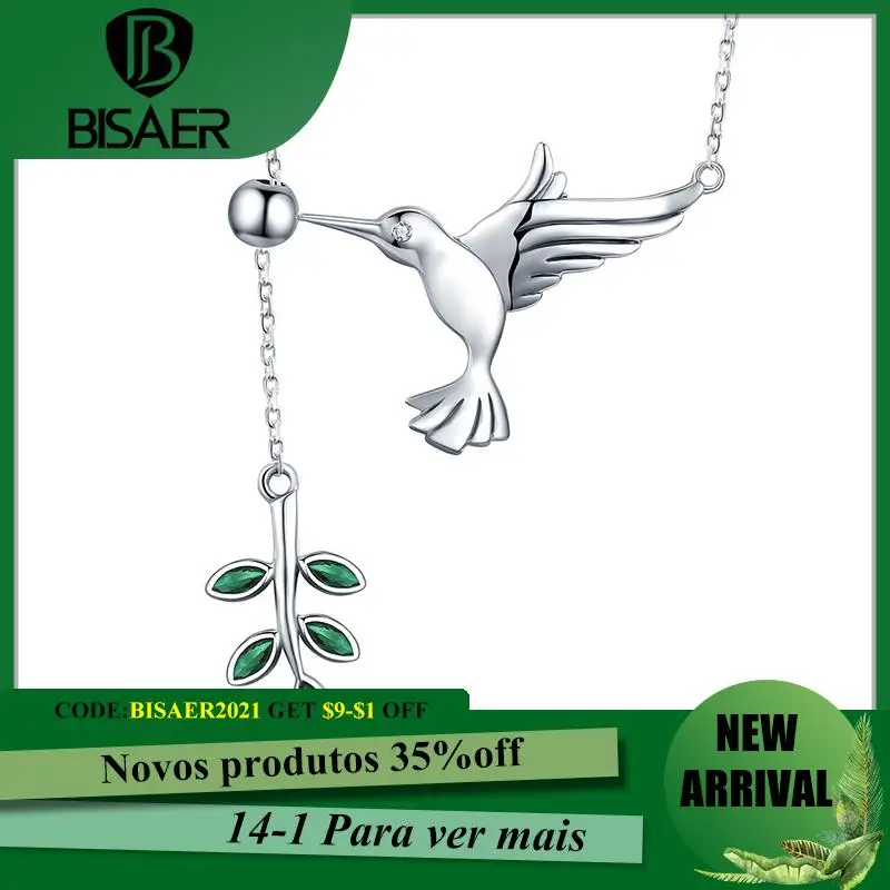 

BISAER Necklaces 100% 925 Sterling Silver Dove And Olive Branch Pendant Original Link Chain For Women Fine Jewelry Gift HSN217