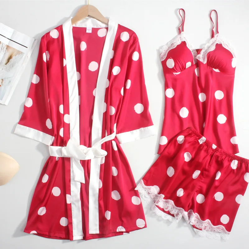 

Комплект женской пижамы в горошек, комплект из 3 предметов, Шелковый Атласный халат-кимоно, пикантный домашний пижамный комплект, на лето