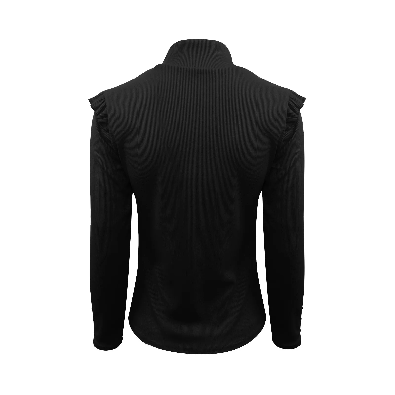 

Ladies casual solid color long-sleeved high-neck pullover knit bottoming sweater top with button two-shoulder ruffle top