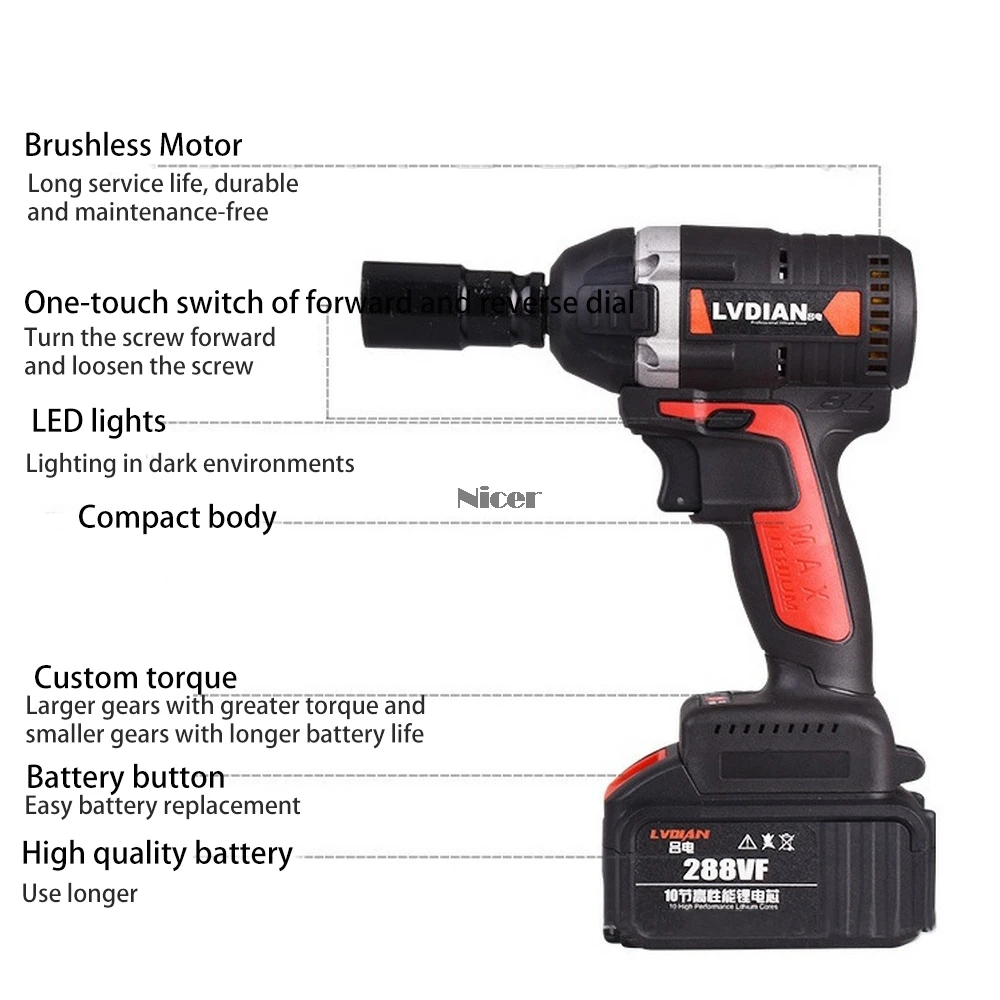 

288VF 600N.M High Torque Brushless Cordless Impact Electric Wrench Li ion Battery Home Car/SUV Wheel Socket Wrench Power Tools