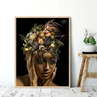 Африканское искусство, черная и Золотая женщина, голова цветов, фотообои на холсте, плакат и принты, Настенная картина для гостиной