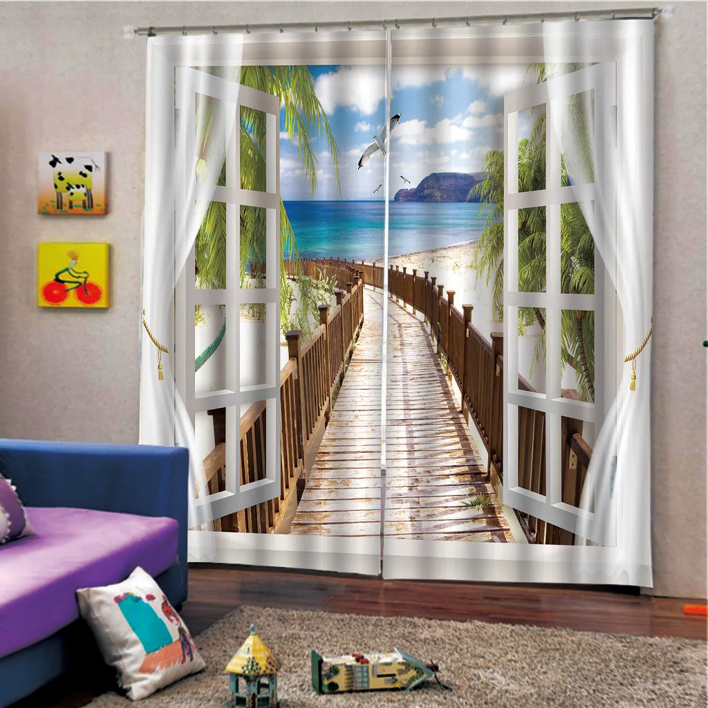 Занавески с изображением побережья 3D оконные занавески ландшафтным принтом