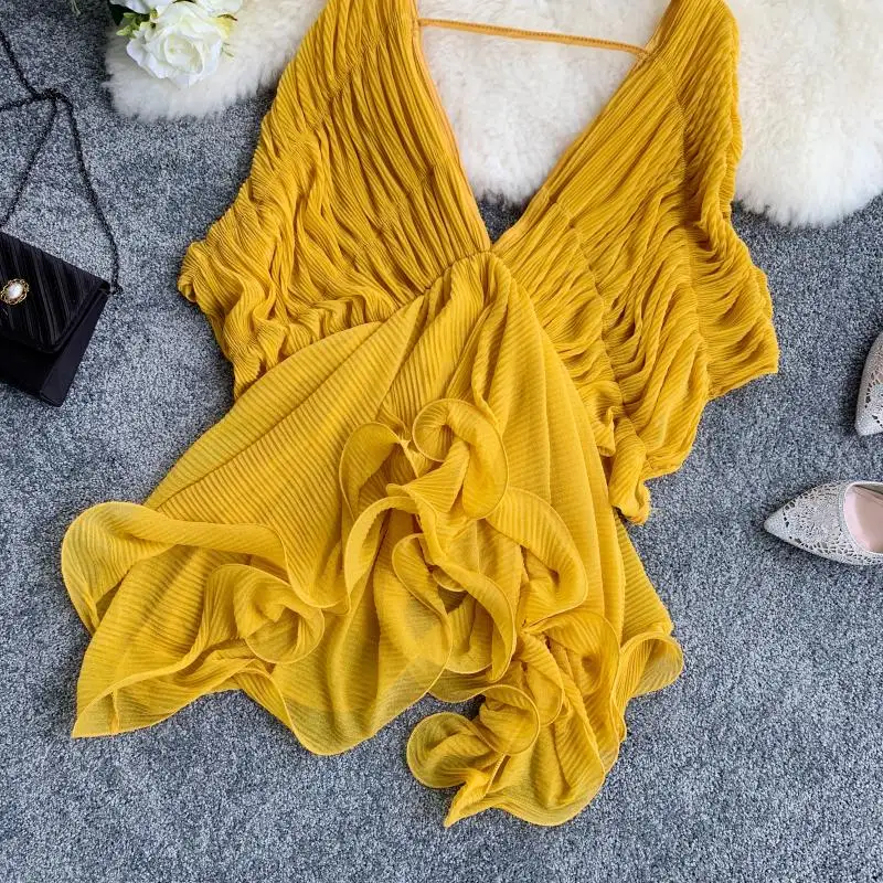 

Beach Style Women Blouse And Shirts V-Neck Ruffles Solid Backless Irregular Chiffon Shirts Lady Elegant Outwear Shirts Outwear