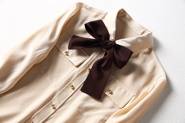 

European and American women's clothing new 2021 spring Long sleeve lapel bow pocket fashion Silk shirt