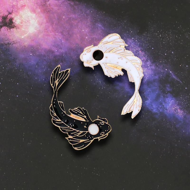 GDHY 2pcs/set Black White Heart Fish Ribbon Banner Enamel Pin Carp Jellyfish Turtle Rabbit Mushroom Iris Sunflower Badge Jewelry images - 6