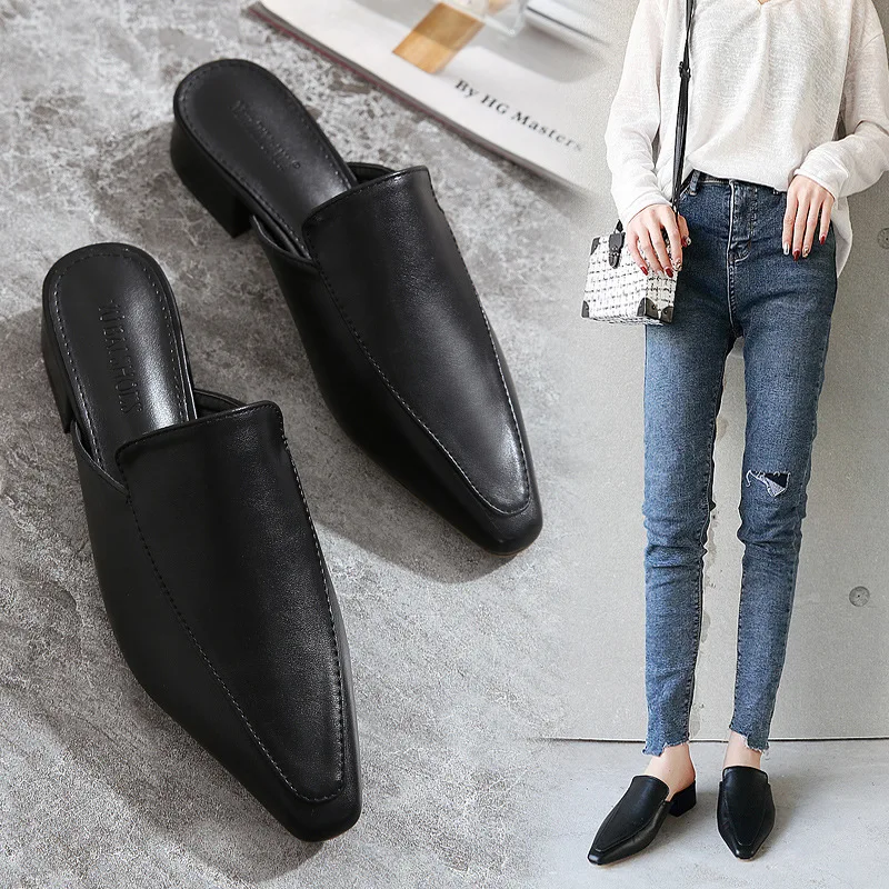 Мюли женские на толстом каблуке однотонные шлепанцы квадратный носок