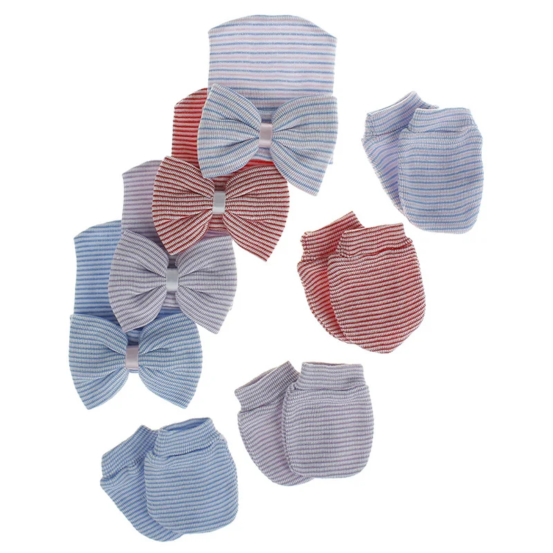 Big Bow Newborn Beanie Baby Hat for Girls Boys Spring Autumn Winter Baby Cap Soft Infant Bonnet Hat Gloves Set 10 Colors