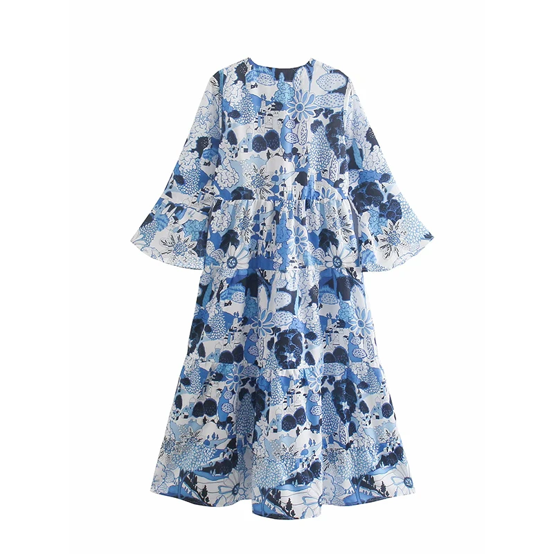 

New Summer Women Dress 2021 Printed Loose Dress Office Lady V-Neck Party Vestido Long Sleeve Elegant Girls Causal Outfits