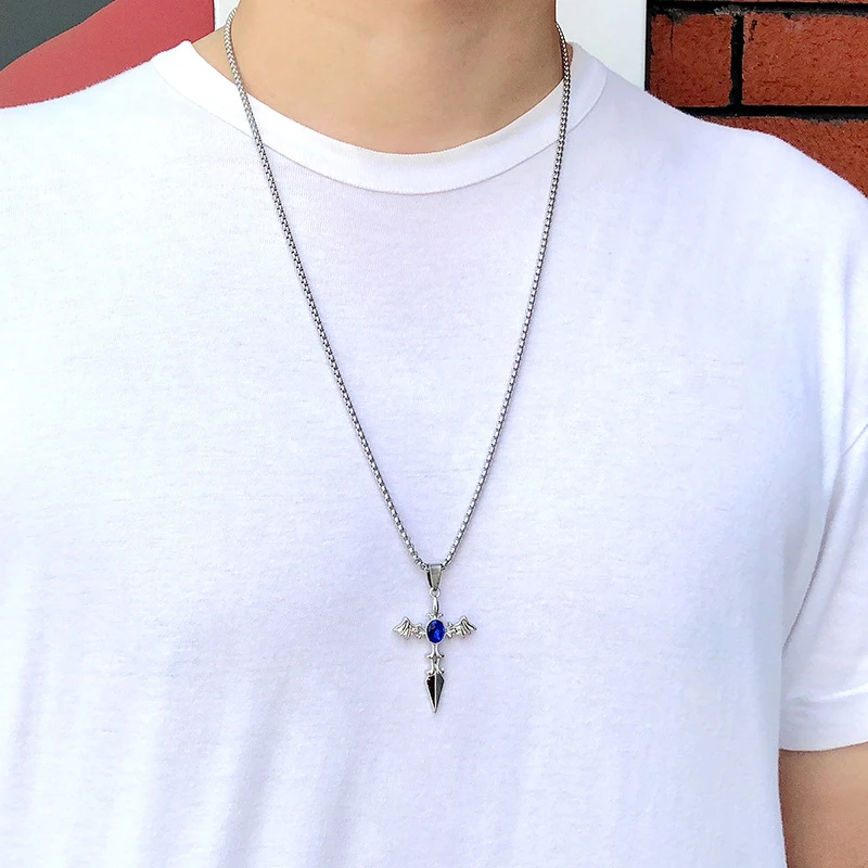 

Fashion Creative Punk Blue Crystal Bat Cross Necklace For Men Women Fine Silver Color Necklaces Party Jewelry Accessories