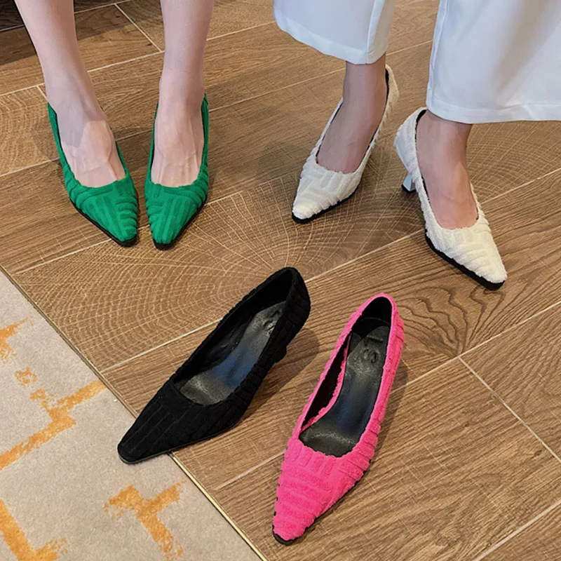 

Женские вельветовые туфли-лодочки, зеленые туфли на тонком высоком каблуке, без застежки, элегантные вечерние туфли, 2022