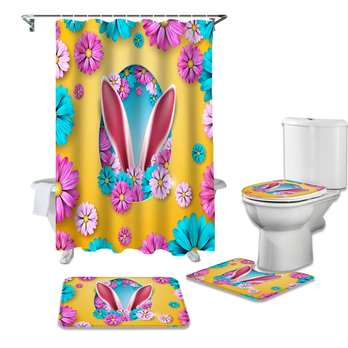 Пасха Цветной цветок с заячьими ушками Ванная комната Шторы комплект набор