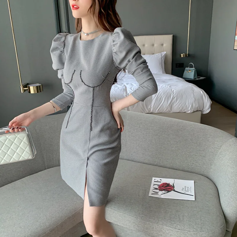 

plaid French temperament long sleeve slim houndstooth dress Office Lady Winter Zippers Retro palace style high waist