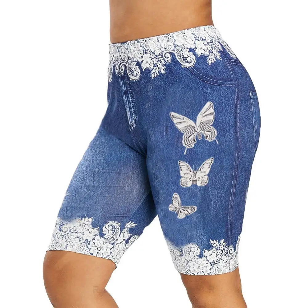 

Elastic Plus Size Women Shorts Denim Lace Patchwork Butterfly Print Bodycon Skinny Denim for short feminino