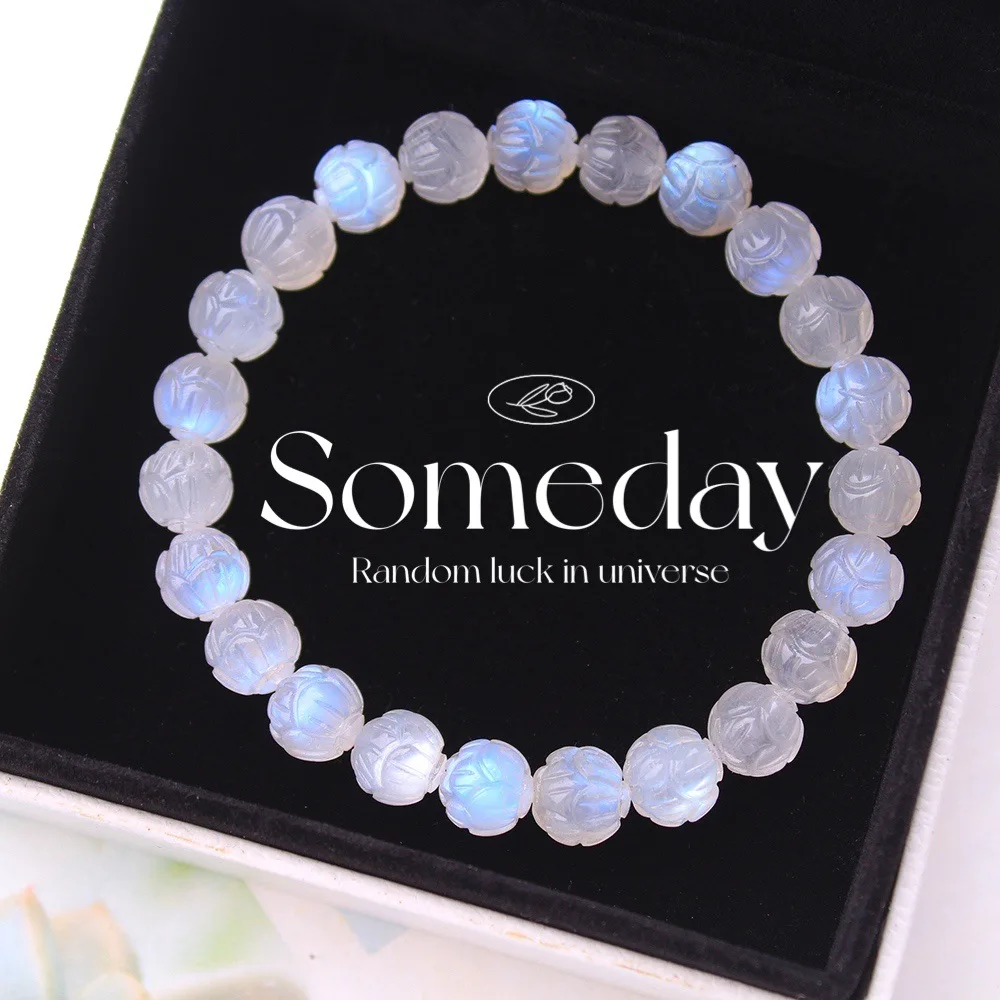 Natural Moonstone Blue Light Crystal Bracelet Clear Round Lotus Carved Beads 8mm 9mm Women Men Healing Moonstone Stone AAAAA