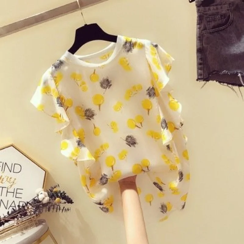 

Female 2021 Vintage Floral Chiffon Shirt Women's O-Neck Print Short-Sleeves High Waist Summer Women Blouse Short Top Y779