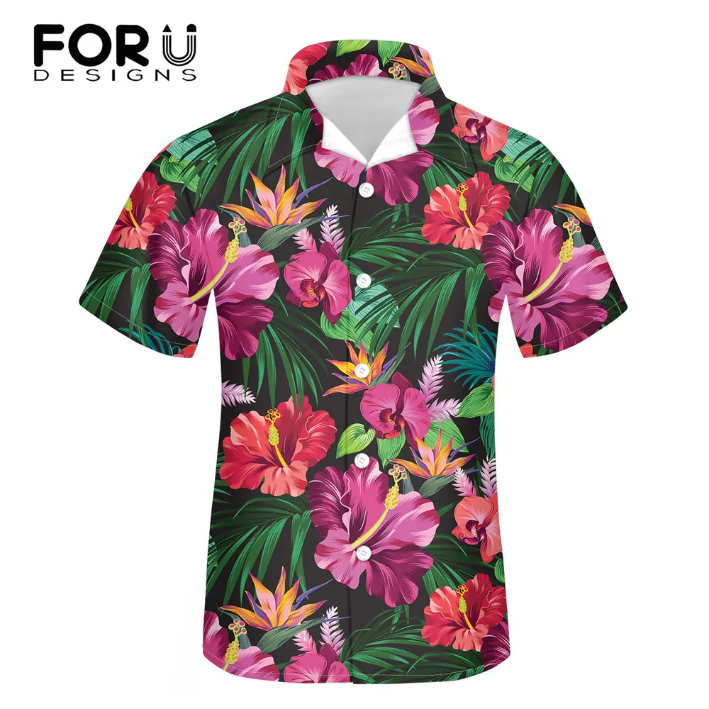 

FORUDESIGNS Men Short Sleeve Lapel Print Shirt Tropical Hibiscus Floral Shirt Casual Summer Hawaiian Holiday Camisa Tops 2XS-5XL