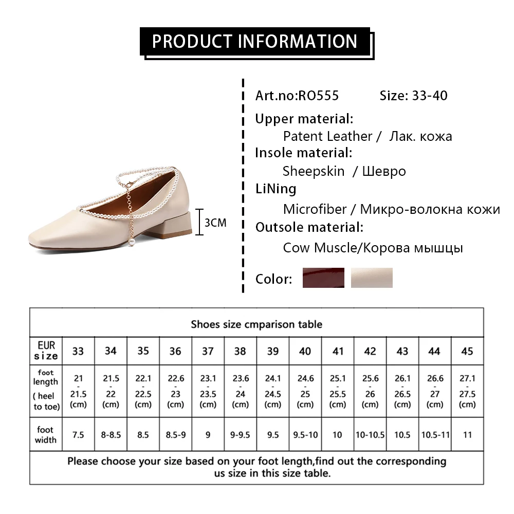 

RJN Fashion New Genuine Leather Sweet Mary Jane Retro Square Toe Pearl Decoration Solid Color Buckle Strap Women's Shoes RO555