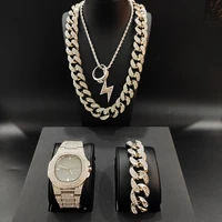 luxury men silver color watch necklace pendant bracelet ring combo set ice out cuban pendant jewelry hip hop for men