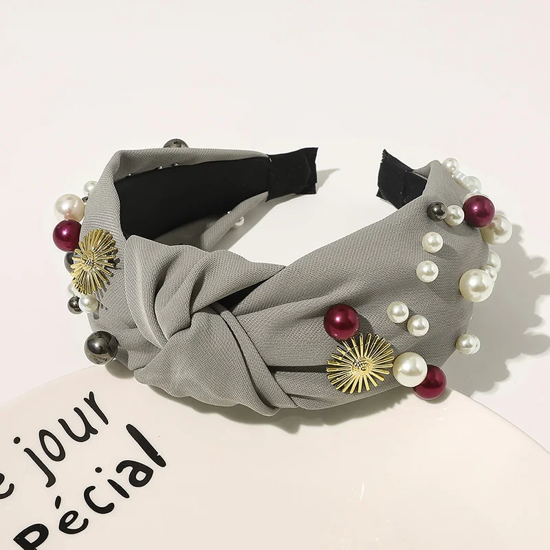 

2020 New Baroque Hairband Retro Imitation Pearl Rhinestone Headband Elastic Floral Print Hairbands Hair Accessories For Girls