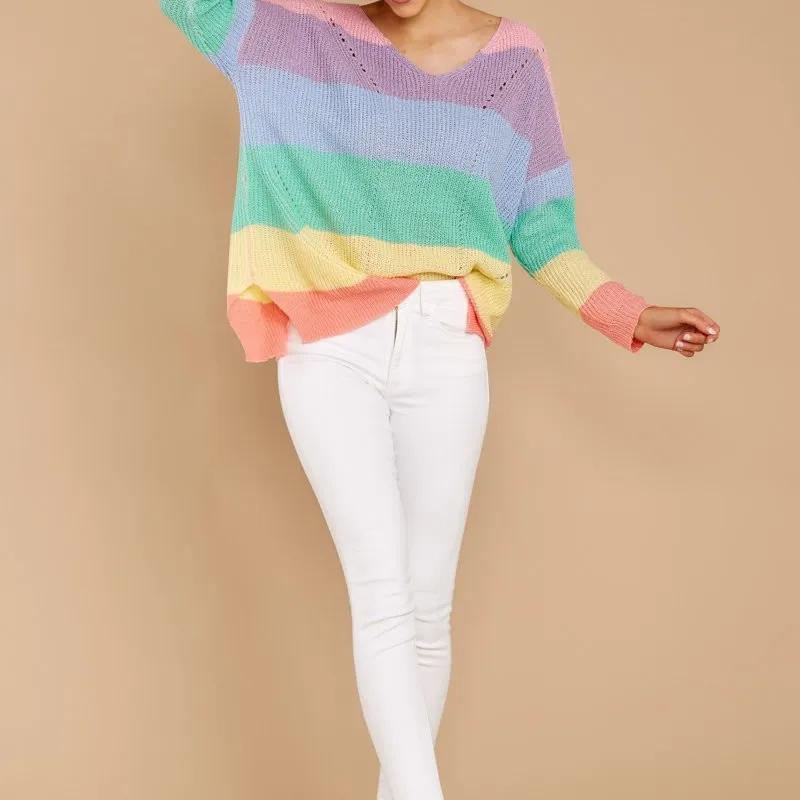 

Sexy V Neck Rainbow Sweater Women Autumn Winter Long Sleeve Pullover Women Knitted Yellow Striped Sweater Mujer Sueter Feminino