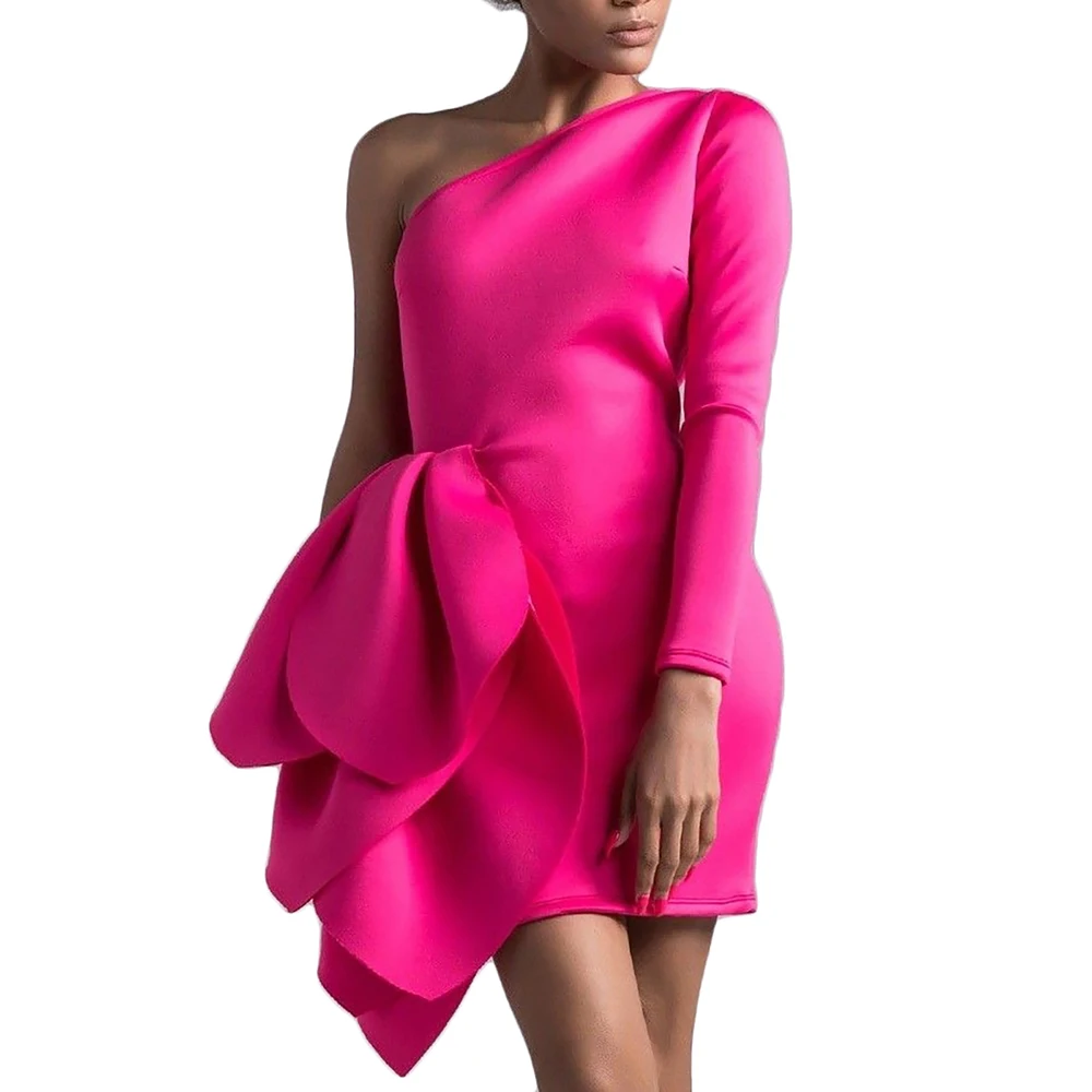 

Pleated Solid Dresses For Women Diagonal Collar One Shoulder Patchwork Sexy Dress Female Pink Ruffles Bodycon Mini Dress Vestido