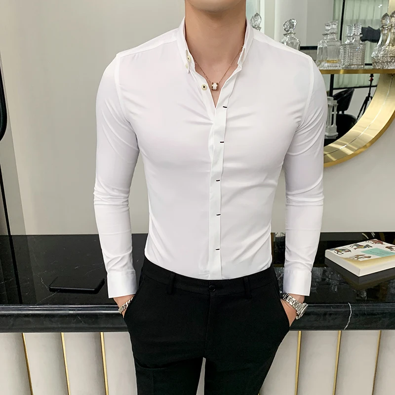Мода 2019 Мужская рубашка высокого качества однотонная официальная одежда мужские