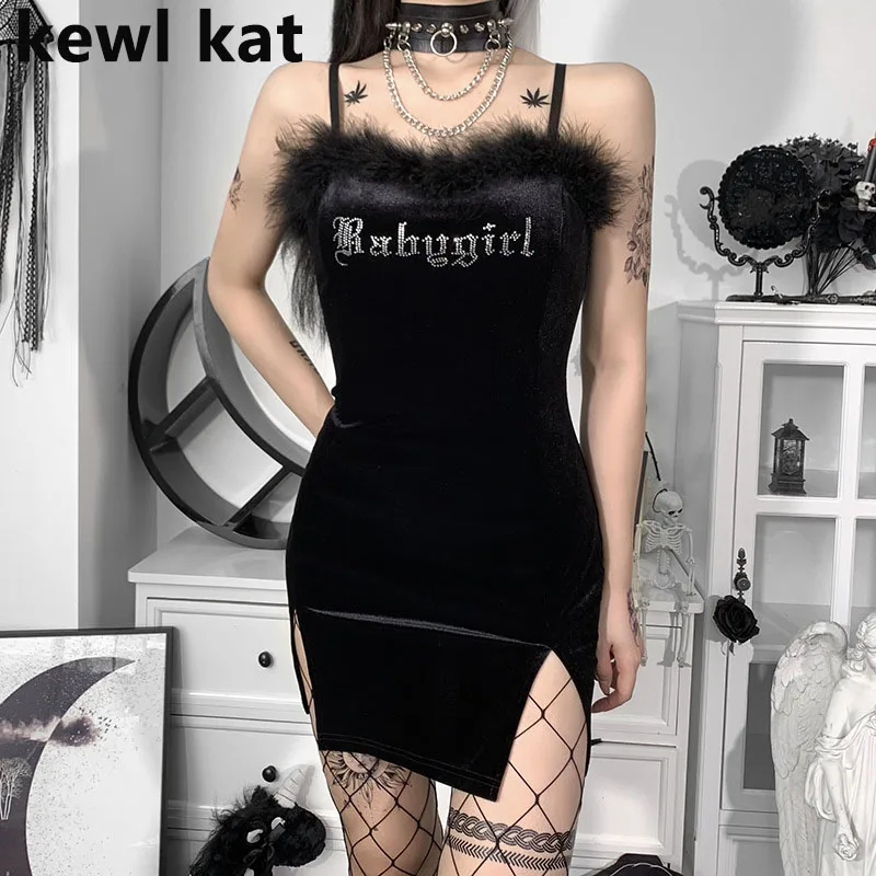 

Women Mini Dress Gothic Black Villus Letter Hot Drilling Sexy Female Dress Split Fork Spaghetti Straps Vintage Party Dresses