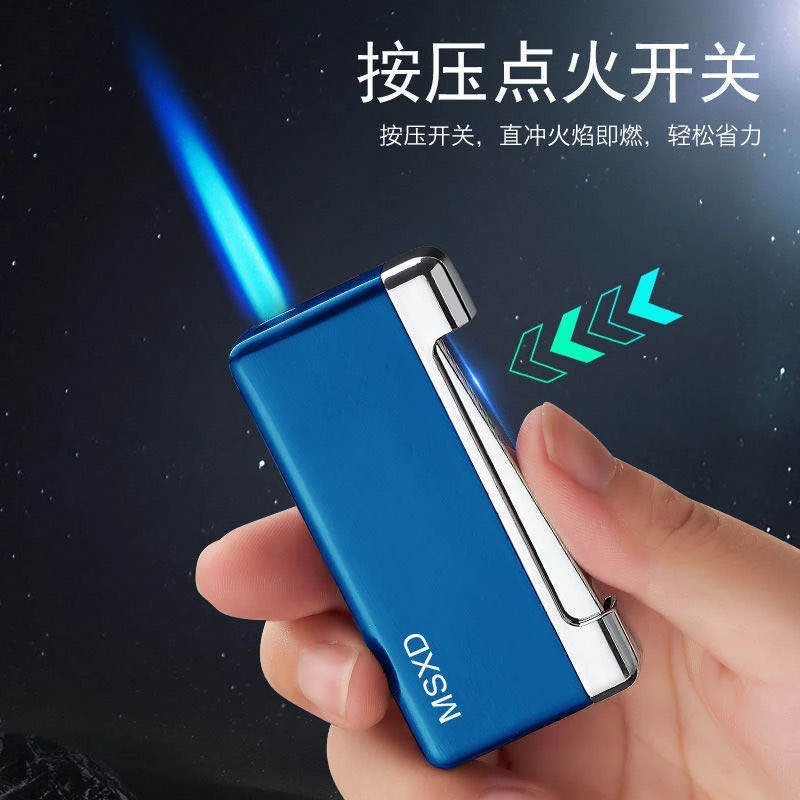 

New metal shell side press ignition direct blue flame windproof inflatable lighter men's lighter gift (no gas)