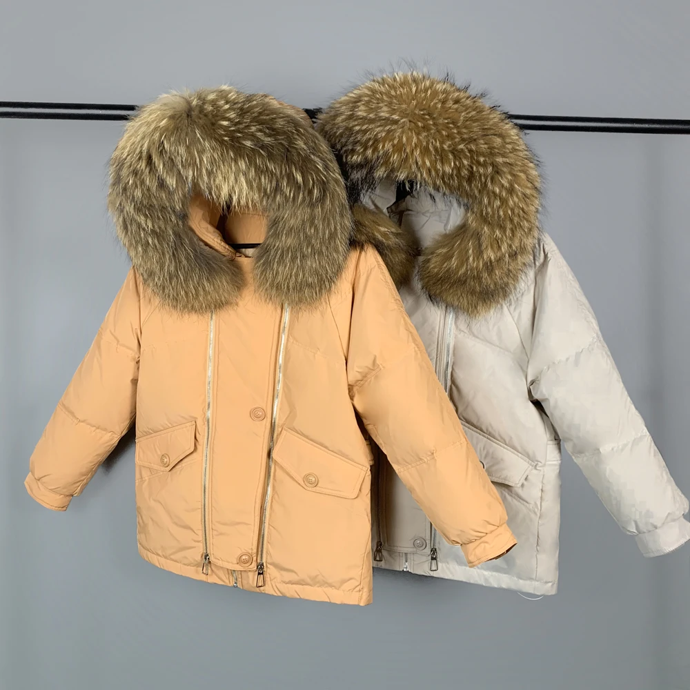 

2021 Winter Jacket 90% White Duck Down Coat Huge Real Raccoon Fur Hooded Women Female Parkas Loose Feather Overcoat Zipper
