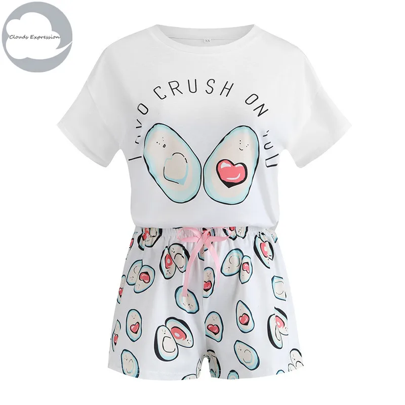 

Woman Casual Pajama Sets Fashion Summer Short Sleeved Round Neck Cartoon Print Top Matching Bow Front Shorts Bottoms Pajama Set