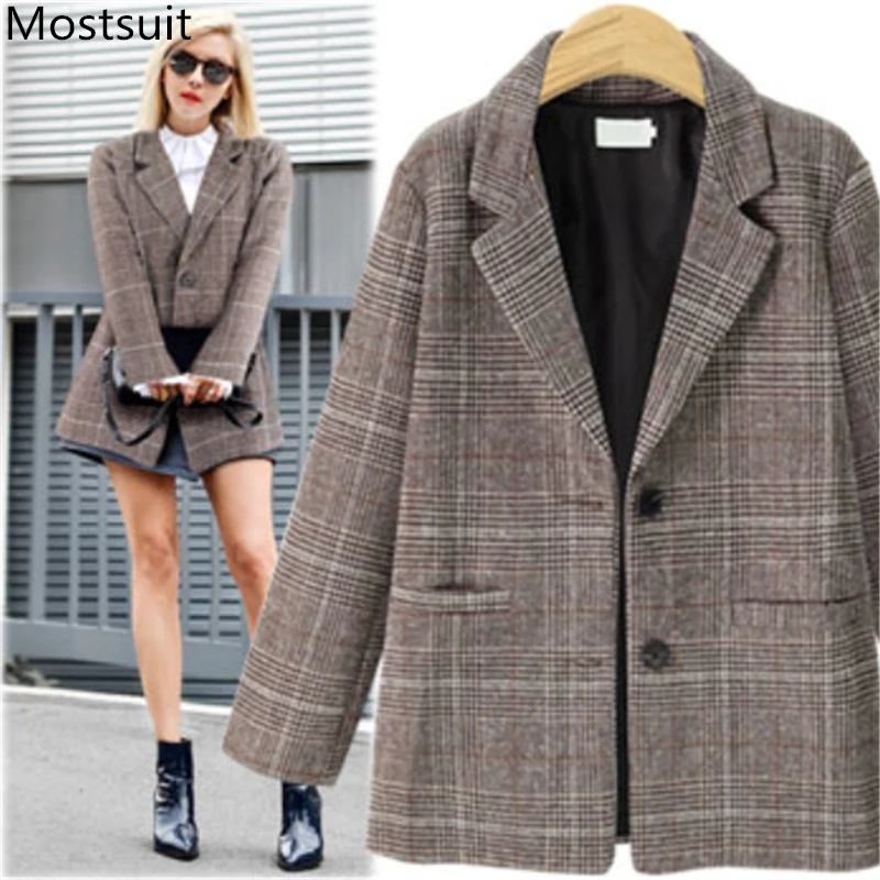 

Vintage Fashion Plaid Women Blazers Jackets Autumn Winter Single Breasted Notched Pockets Casual Blazers Coats Coffee Grey 2019