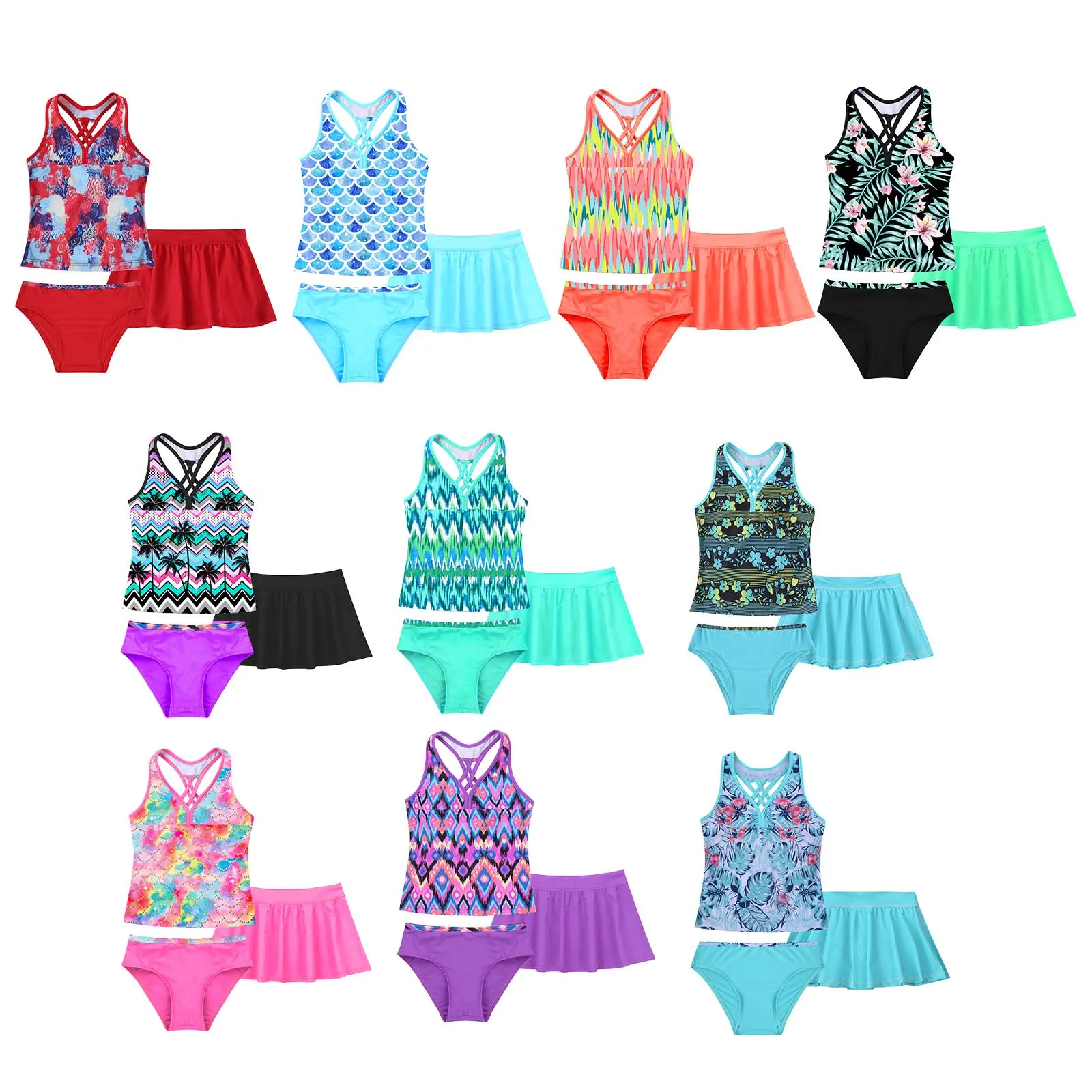 

3Pcs Kids Girls Swimwear V Neck Sleeveless Spaghetti Straps Tops with Briefs Skirt Set Beach Bikini Swimsuits Beach Bathing Suit