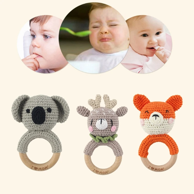 

Cartoon Crochet Animal Koala/Elk Rattle Baby Wooden Teether Ring Infant Teething Nursing Soother Toys for Newborn Shower Gifts