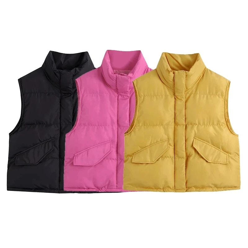 

Женский винтажный жилет на молнии Za, желтая или черная теплая безрукавка с воротником-стойкой, свободная верхняя одежда, зима