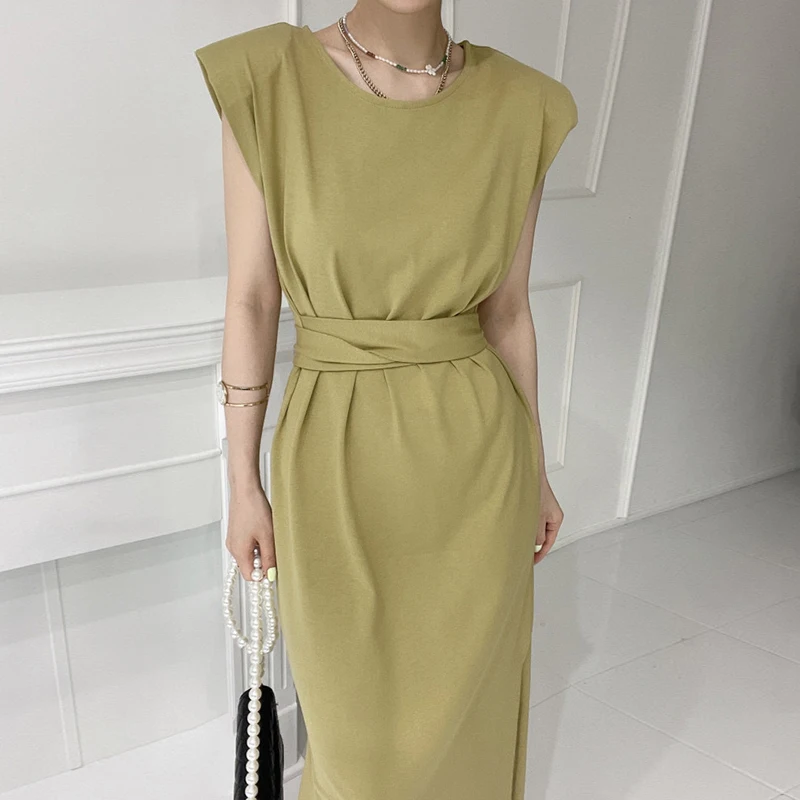 

Korejpaa Women Dress 2021 Summer Korean Fashion Temperament O Neck Slim Strap Waist Casual Split Feifei Sleeve Long Vestidos