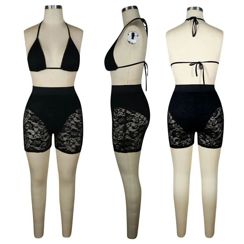 

ZKYZWX Sexy 2 Piece Set Women Summer Clother Halter Crop Top Lace Mesh Sheer Shorts Club Outfits Two Piece Beach Matching Sets