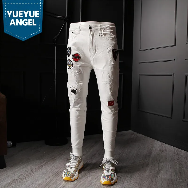 Street White Ankle-Length Jeans Men Hole Ripped Washed Pattern Denim Pencil Pants Male Fashion Summer New Biker Zipper Jeans