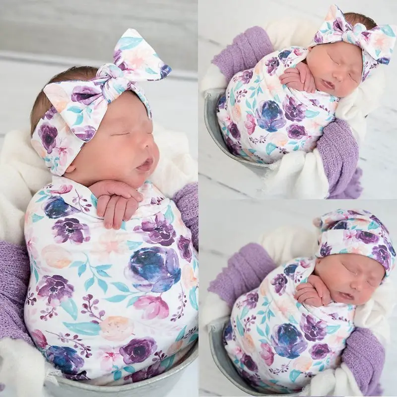 

3 Pcs Baby Printed Swaddling Wrap Blanket + Hat + Headband Set Shower Gifts A2UB