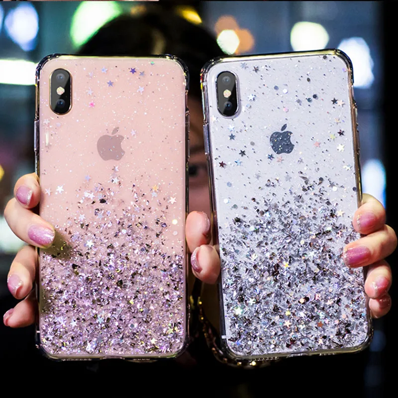 Блестящий Прозрачный чехол со звездами для iPhone 11 Pro X XR XS MAX 7 8 6s для samsung S10 S9 S8 Plus Note 10Pro 8 9 A10A20A30 A40A50A70