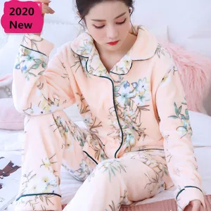 Winter Women's Pajamas Set Sexy Print Flower Pajamas 2020 Fashion Mom Casual Female Turn-down Collar Flannel Sleepwear
